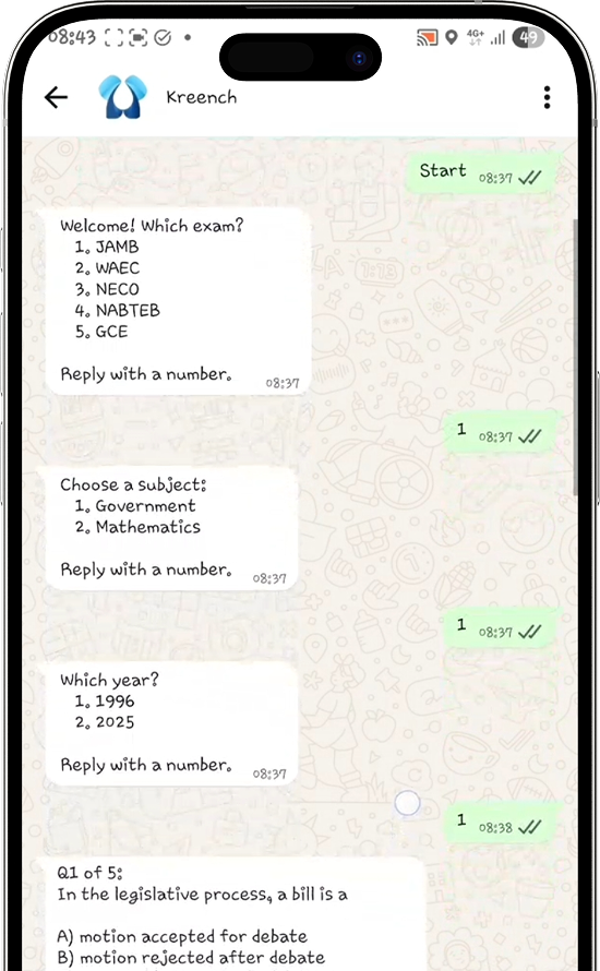 Kreench WhatsApp exam practice chat